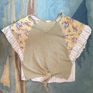 Hummingbird Beige Knit Blouse with Yellow Floral Sleeves
